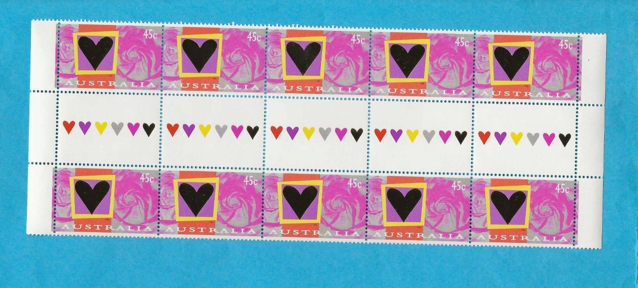 Australia - 1996 Mnh Hearts & Roses Gutter Strip Of Ten - Scott 1480 - D45